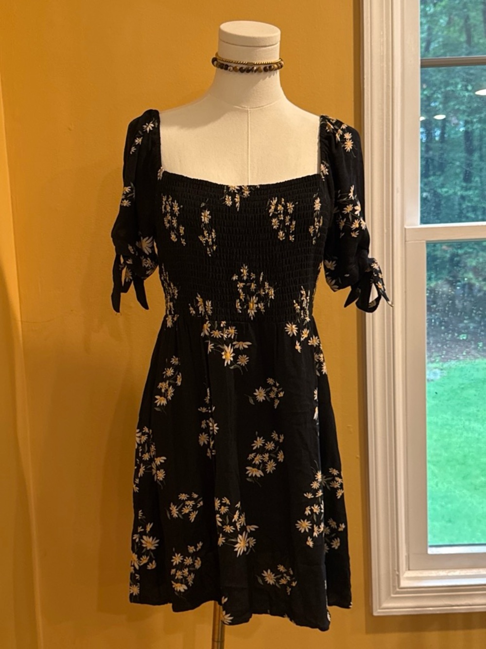 American Eagle Outfitters Black Floral Square-Neck Smocked Dress